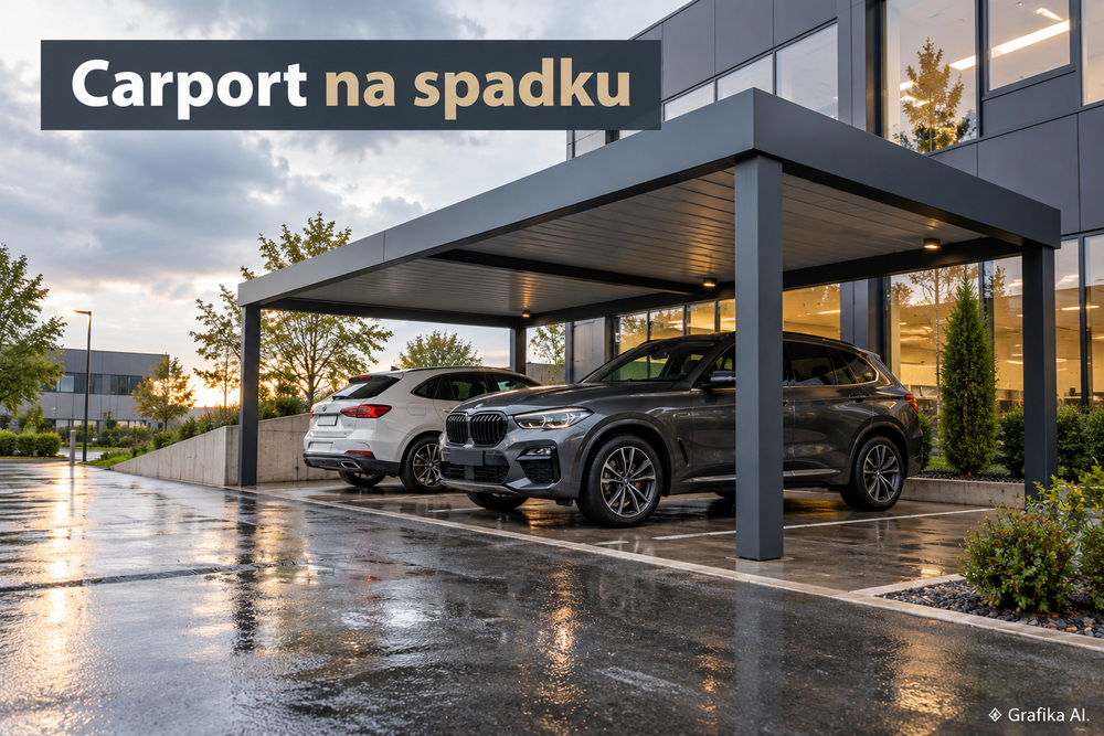 Nowoczesny carport ze schowanymi elementami odwodnienia na pochyłym parkingu po deszczu